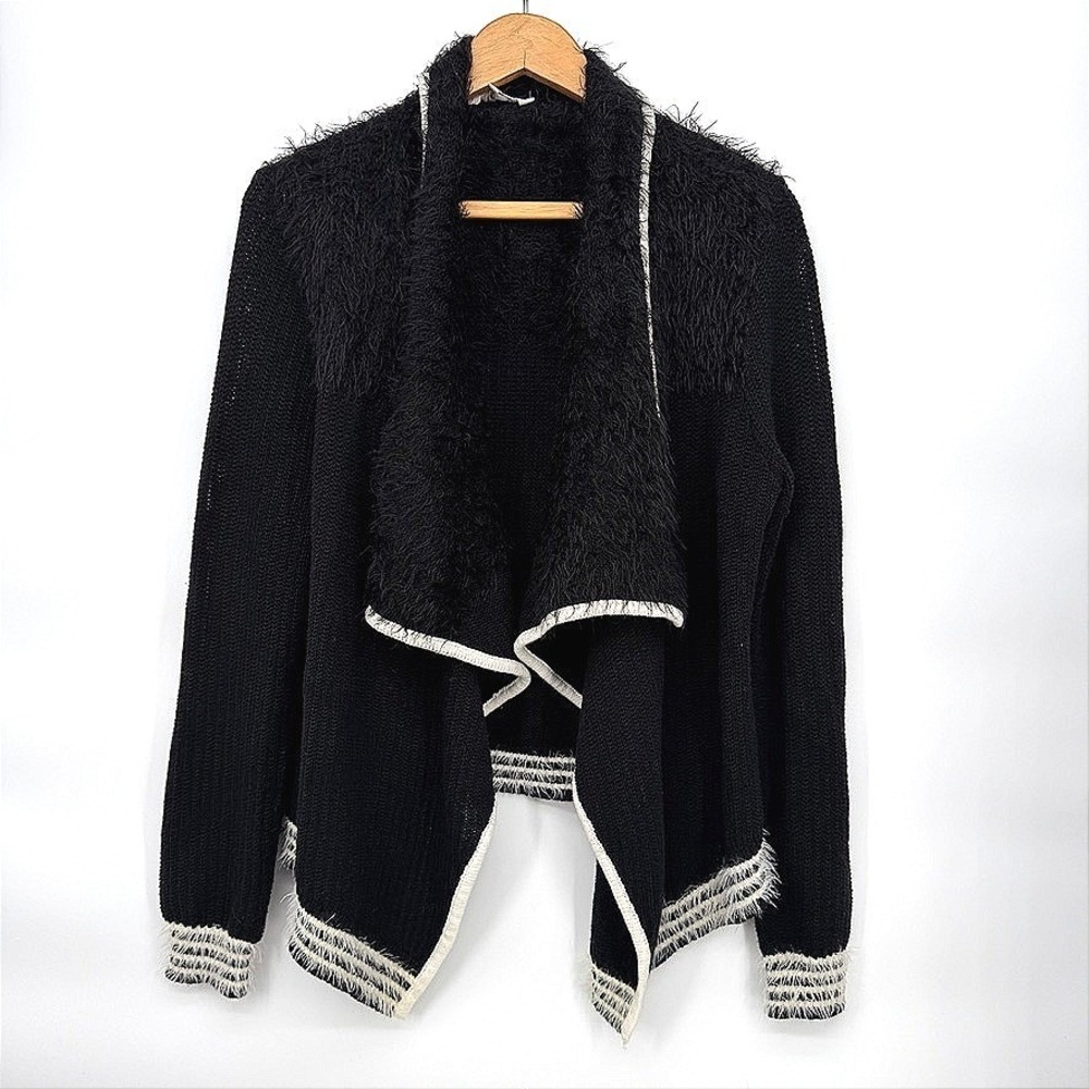 Candies Cardigan Sweater Black Eyelash Knit Fuzzy Accents White Trim Size LG